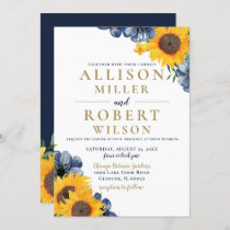 Watercolor Navy Blue Sunflower Rustic Wedding Invitation