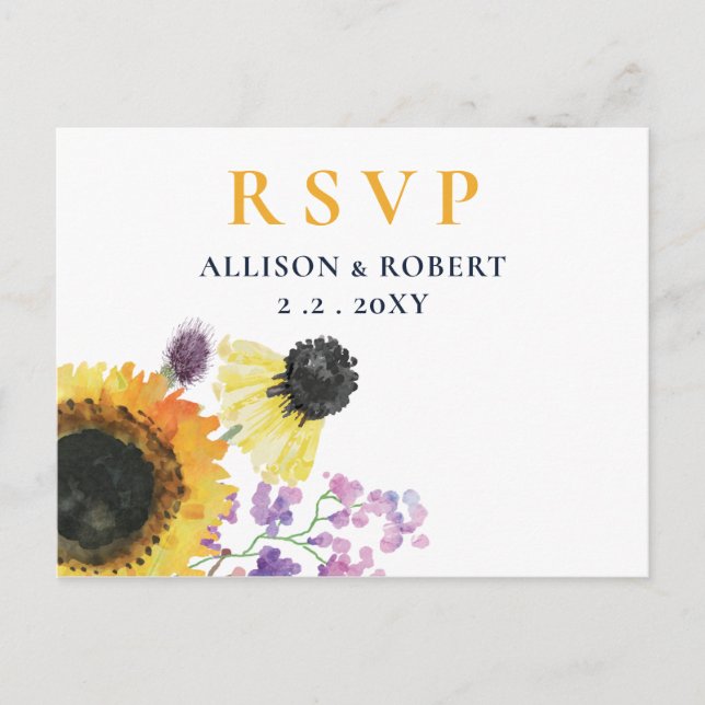 Watercolor Navy Blue Sunflower Rustic Wedding Invitation Postcard (Front)