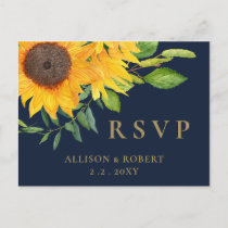Watercolor Navy Blue Sunflower Rustic Wedding Invitation Postcard