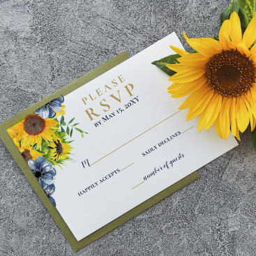 Watercolor Navy Blue Sunflower Rustic Wedding RSVP Card