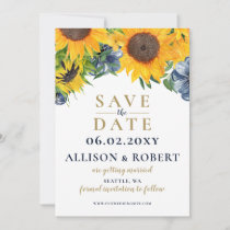 Watercolor Navy Blue Sunflower Rustic Wedding Save The Date