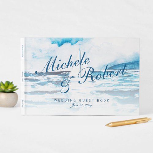 Watercolor Navy Blue White Boat Sea Summer Wedding Guest Book