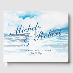 Watercolor Navy Blue White Boat Sea Summer Wedding Guest Book