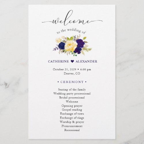 Watercolor Navy Blue Yellow Floral Wedding Program