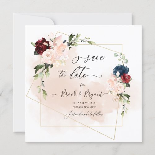 Watercolor Navy Blush Burgundy Roses Save the Date Invitation