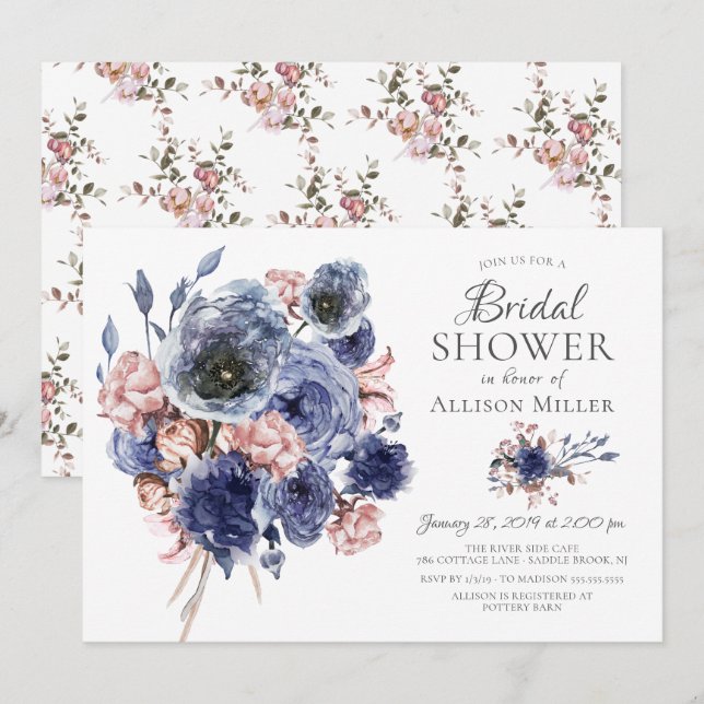 Watercolor Navy Blush Floral Bridal Shower Invitation (Front/Back)