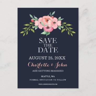 Watercolor Navy Blush Floral Elegant Wedding Announcement Postcard