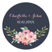 Watercolor Navy Blush Floral Elegant Wedding Classic Round Sticker