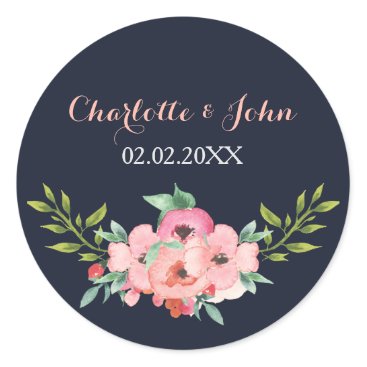 Watercolor Navy Blush Floral Elegant Wedding Classic Round Sticker