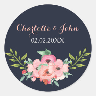 Watercolor Navy Blush Floral Elegant Wedding Classic Round Sticker