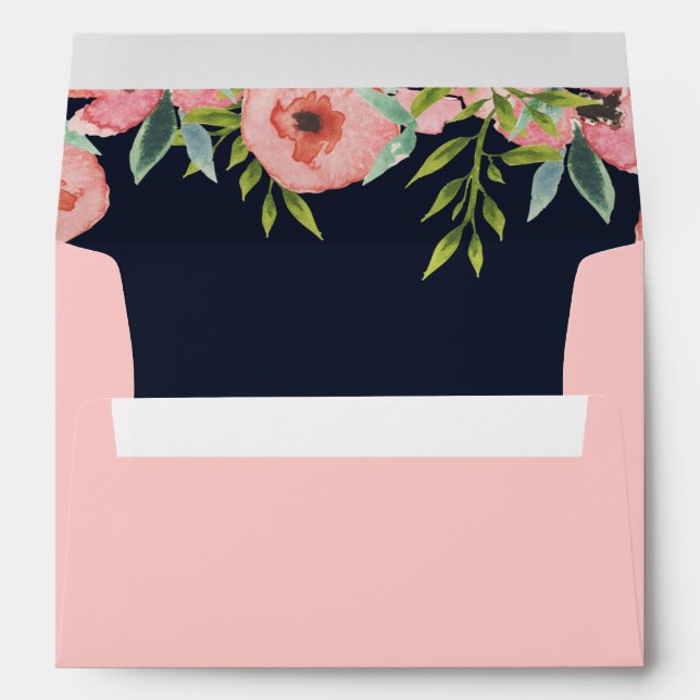 Watercolor Navy Blush Floral Elegant Wedding Envelope (Back (Bottom))