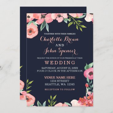 Watercolor Navy Blush Floral Elegant Wedding Invitation