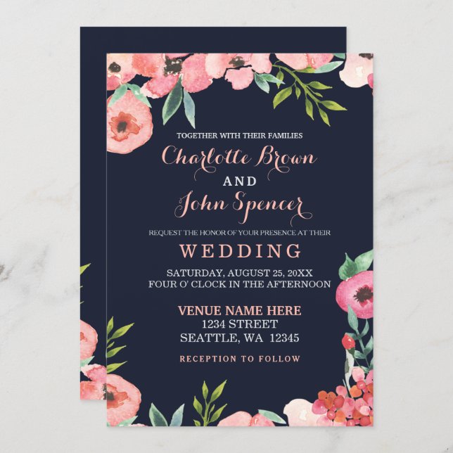 Watercolor Navy Blush Floral Elegant Wedding Invitation (Front/Back)