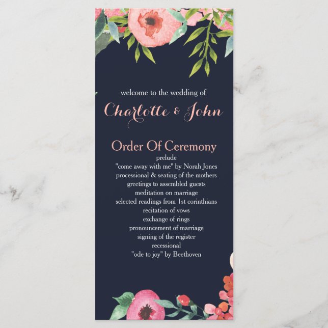 Watercolor Navy Blush Floral Elegant Wedding Program (Front)