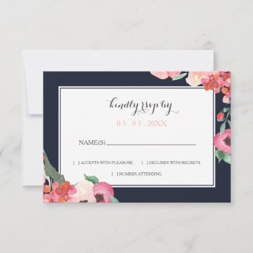Watercolor Navy Blush Floral Elegant Wedding RSVP Card