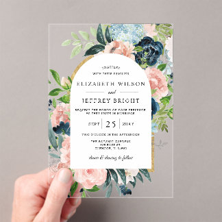 Watercolor Navy Blush Gold Floral Arched Wedding I Acrylic Invitations