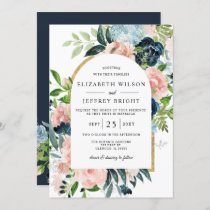 Watercolor Navy Blush Gold Floral Arched Wedding I Invitation