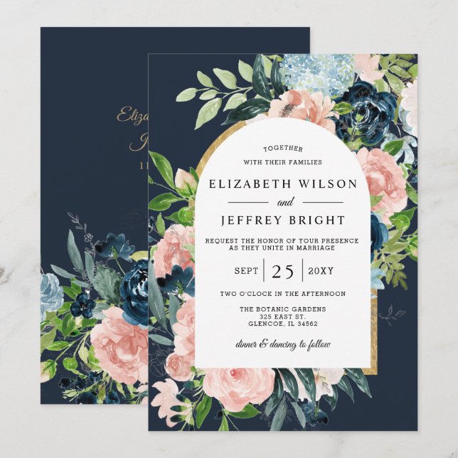 Watercolor Navy Blush Gold Floral Arched Wedding Invitation (Front/Back)