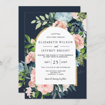 Watercolor Navy Blush Gold Floral Arched Wedding Invitation