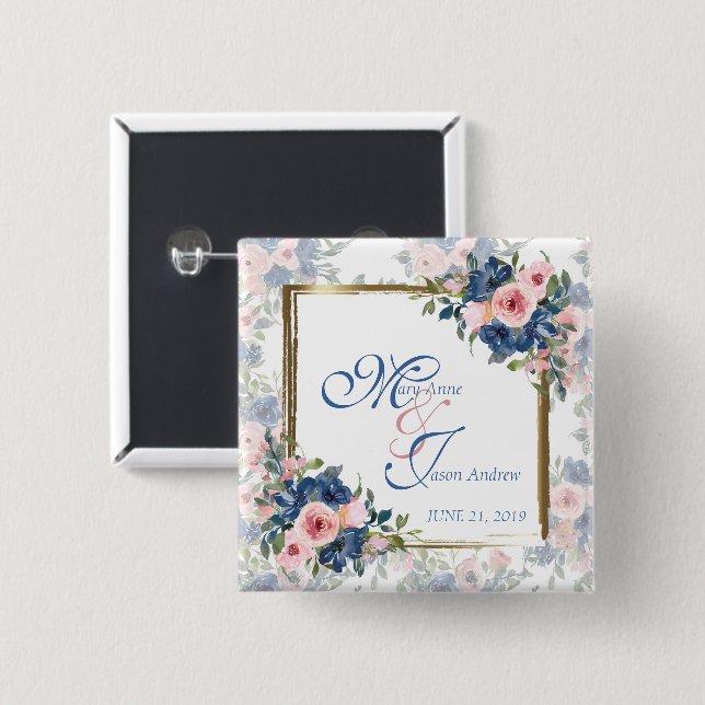 Watercolor Navy & Blush Wedding Button (Front & Back)