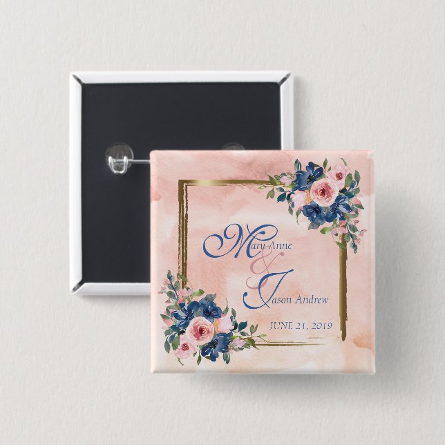 Watercolor Navy & Blush Wedding Button (Front & Back)