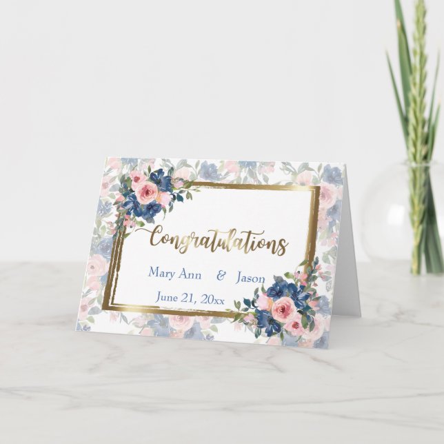 Watercolor Navy & Blush Wedding Card (Front)