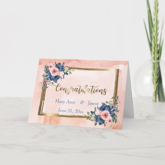 Watercolor Navy & Blush Wedding Card (Front)