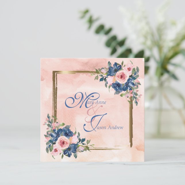 Watercolor Navy & Blush Wedding Invitation (Standing Front)