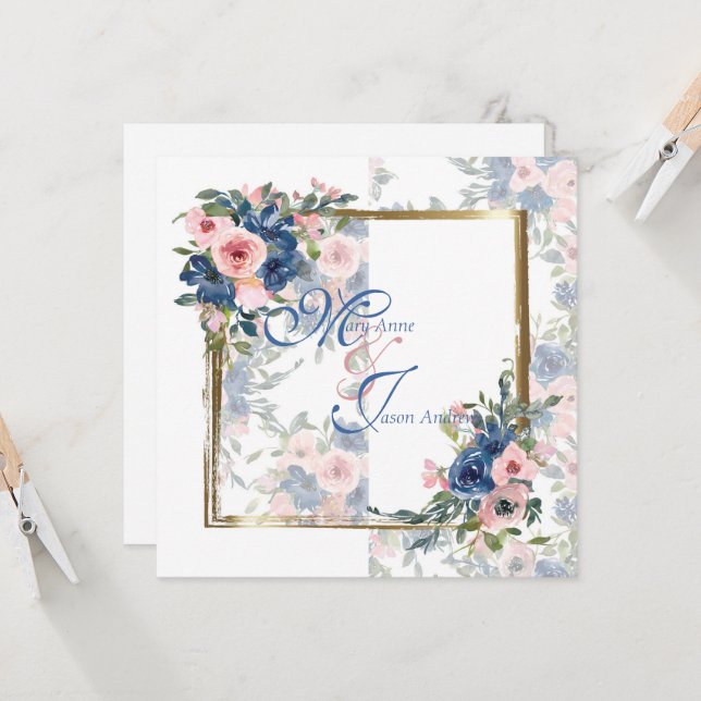 Watercolor Navy & Blush Wedding Invitation (Front/Back In Situ)