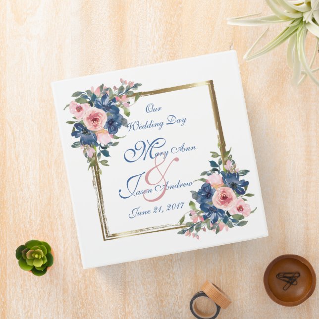 Watercolor Navy & Blush Wedding Photo 3 Ring Binder (In Situ)
