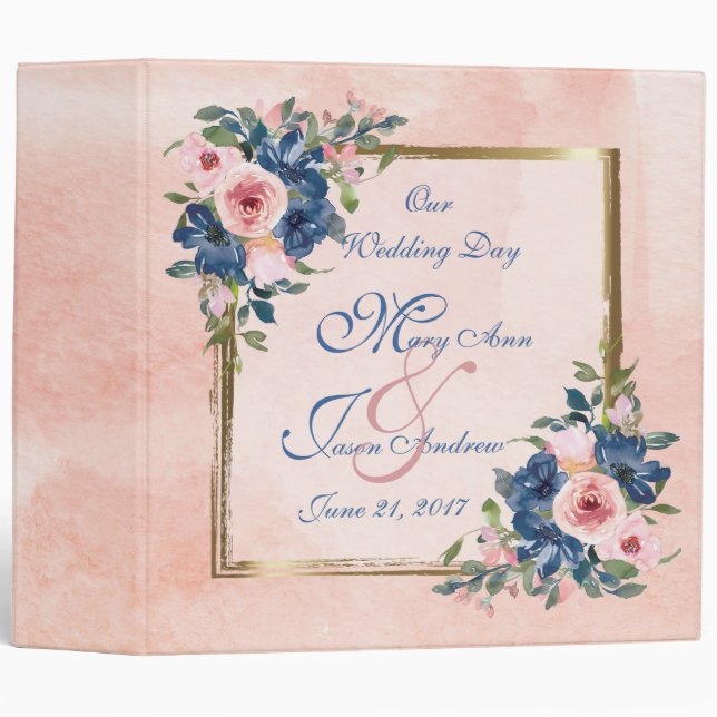 Watercolor Navy & Blush Wedding Photo 3 Ring Binder (Front/Spine)