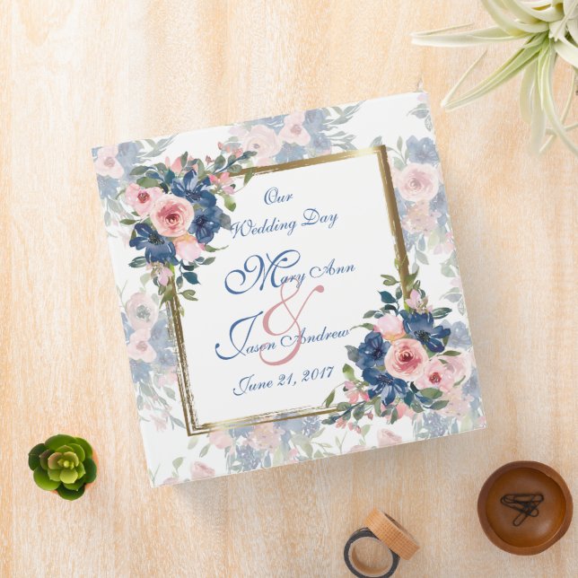 Watercolor Navy & Blush Wedding Photo 3 Ring Binder (In Situ)