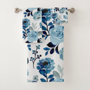 Watercolor Navy botanical Bath Towel Set
