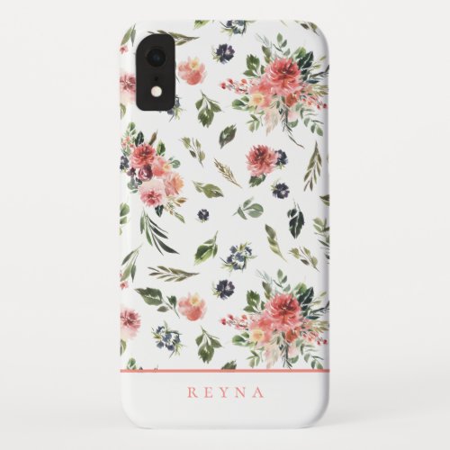 Watercolor Navy Coral Floral Pattern iPhone XR Case