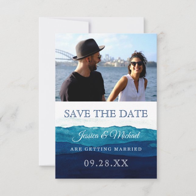 Watercolor Navy Deep Blue Photo Save The Date (Front)