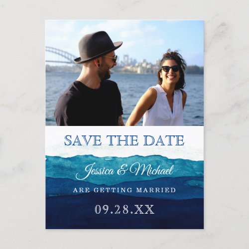 Watercolor Navy Deep Blue Photo Save The Date Invitation Postcard