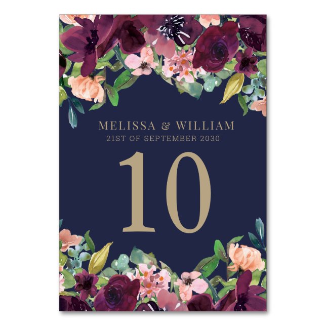 Watercolor Navy Floral Burgundy Wedding Table Number (Front)