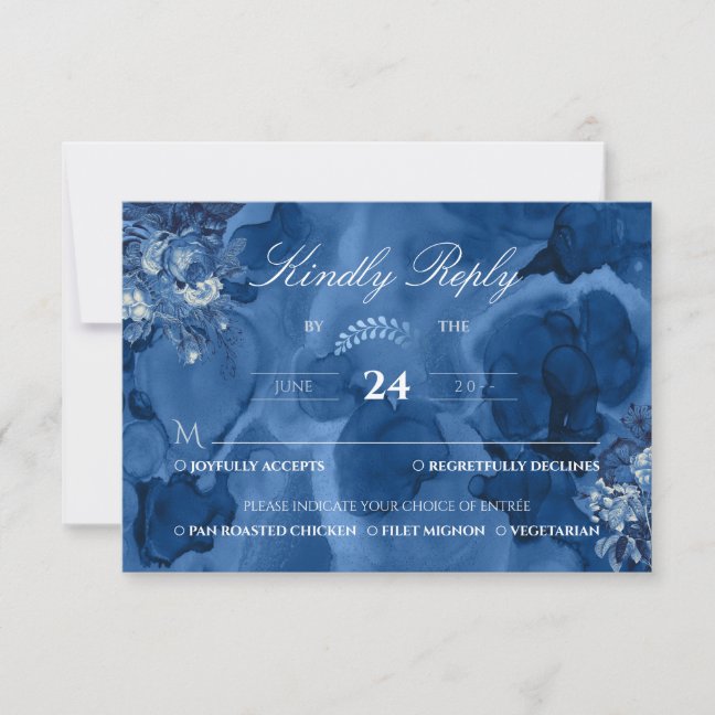 Watercolor Navy floral Elegant Kindly Reply RSVP Card