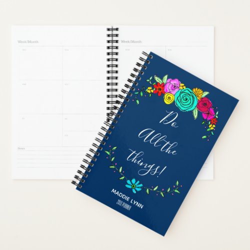 Watercolor Navy Floral Inspirational Cute Add Name Planner