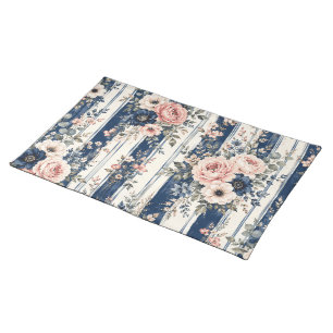 Watercolor Navy Floral Stripe Pattern Design Cloth Placemat