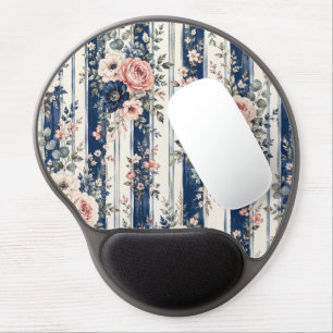 Watercolor Navy Floral Stripe Pattern Design Gel Mouse Pad