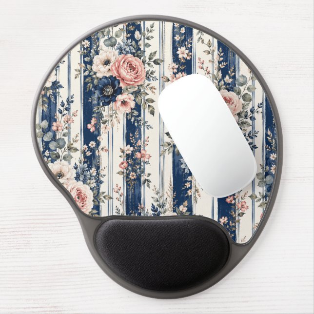 Watercolor navy floral stripe pattern gel mouse pad