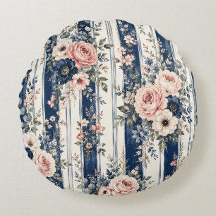Watercolor Navy Floral Stripe Pattern Design Round Pillow