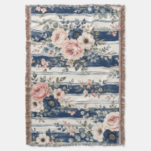 Watercolor Navy Floral Stripe Pattern Design
