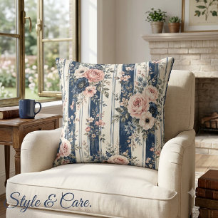 Watercolor Navy Floral Stripe Pattern Design Throw Pillow