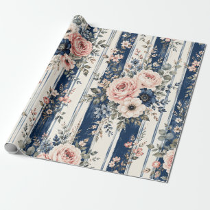 Watercolor Navy Floral Stripe Pattern Design Wrapping Paper