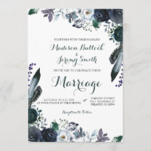 Watercolor Navy Floral Wedding Invitation