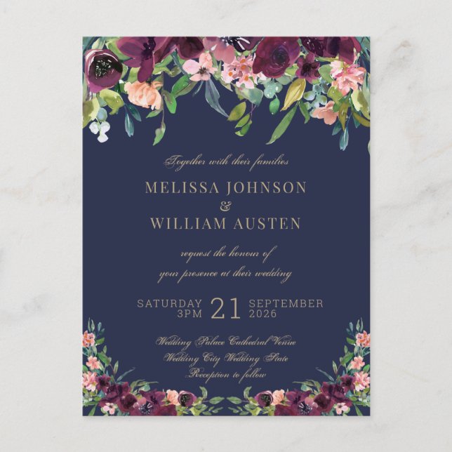 Watercolor Navy Floral Wedding Invitation Postcard (Front)