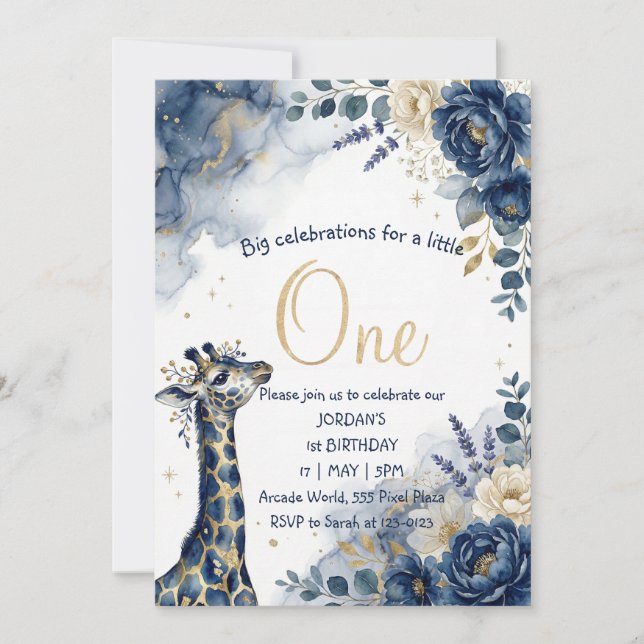 Watercolor Navy Giraffe Boy First Birthday Invitation (Front)