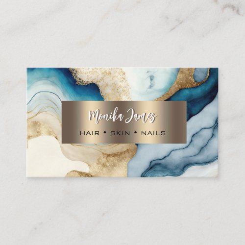 Watercolor Navy Gold Agate Gold Brushed Metal  Business Card